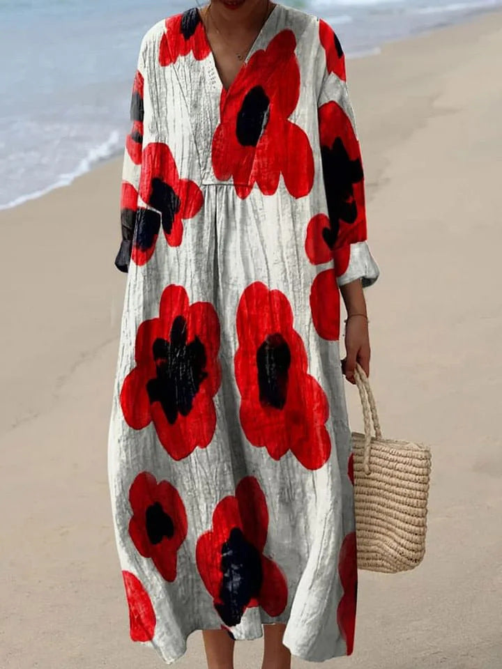 Alba | Robe Longue à Fleurs Rouges.