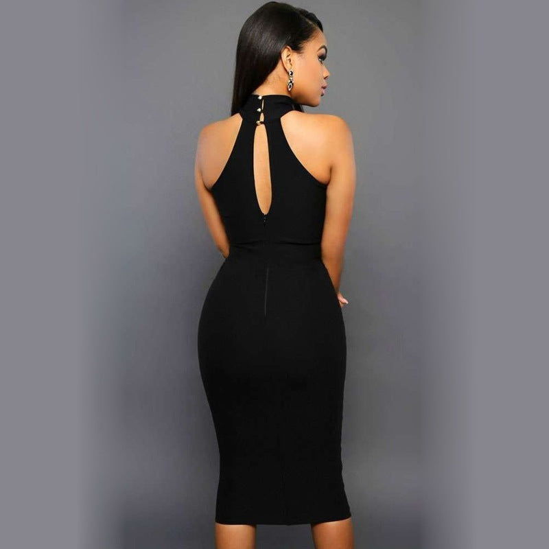 SÉLINA ROBE MIDI NOIRE À DÉCOLLETÉ TRANSPARENT ET COL HALTER