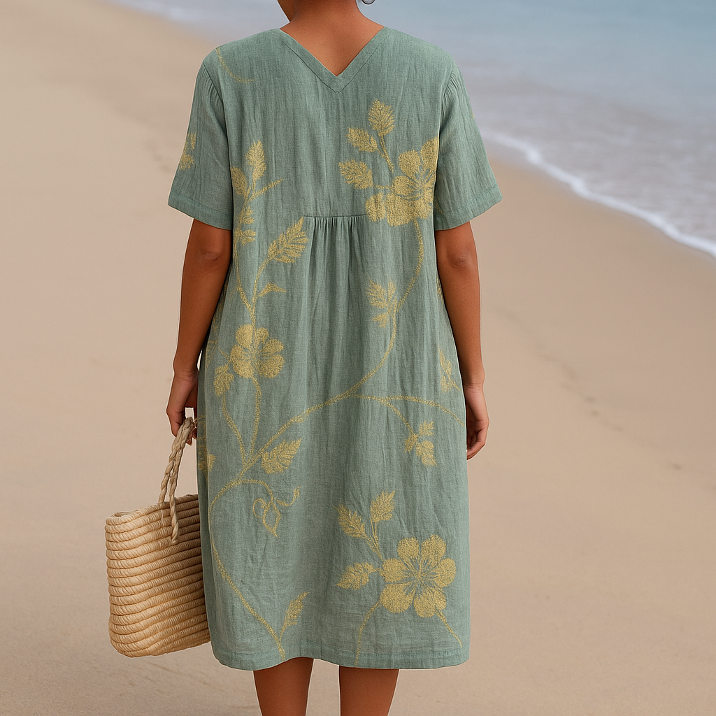 Olivia | Robe bleu-gris à broderies florales