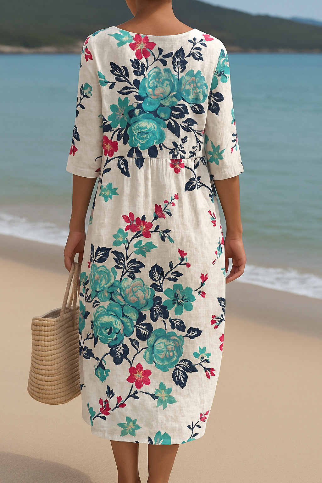 Élodie | Robe longue blanche à fleurs turquoises