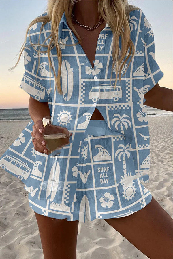Trenara™ | Ensemble court en lin avec impression Caravan