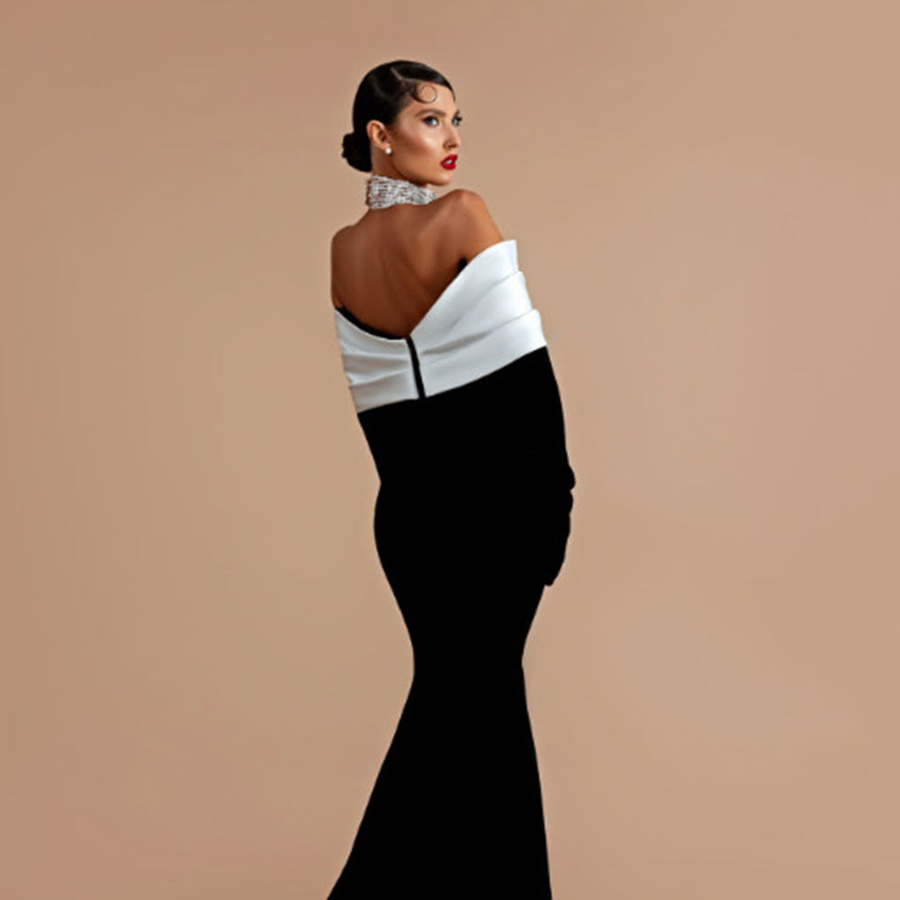 VALENTINE ROBE LONGUE NOIRE ÉLÉGANTE À ORNEMENTS DIAMANTÉS