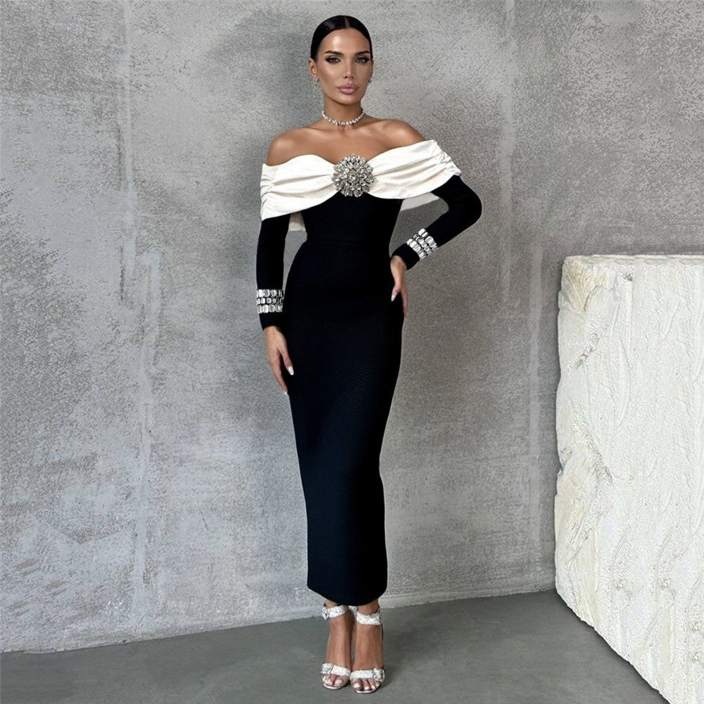VALENTINE ROBE LONGUE NOIRE ÉLÉGANTE À ORNEMENTS DIAMANTÉS