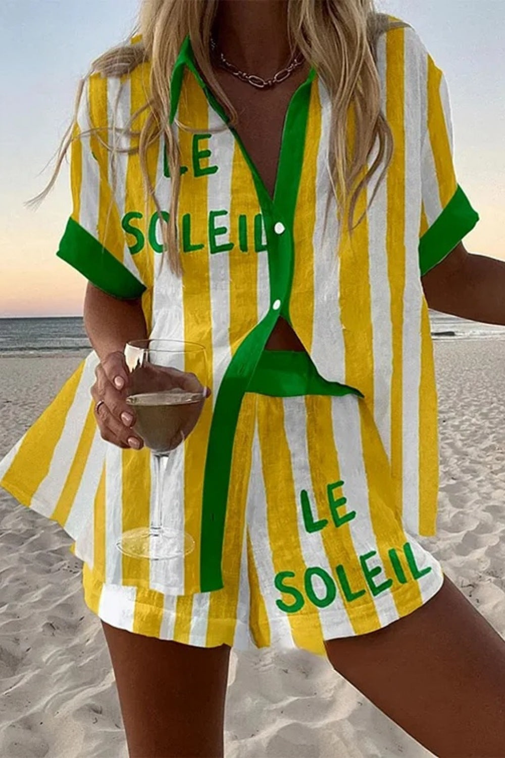 Halora™ | Ensemble court en lin à rayures jaunes