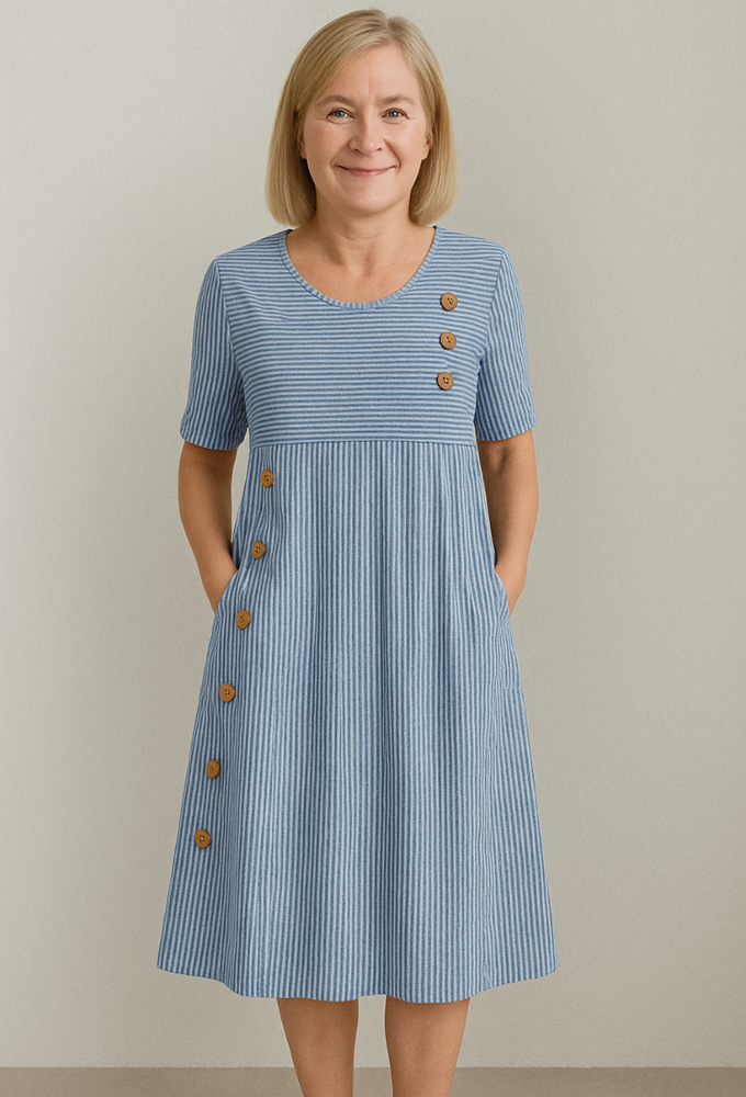 Mara | Robe Midi à Rayures et Boutons – Élégante, Légère & Moderne
