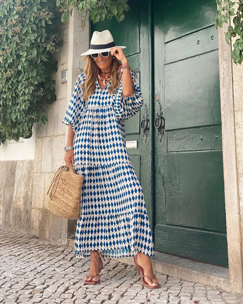 Livia | Robe géométrique bleu et blanche